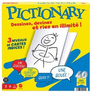 Mattel Games Pictionary JDX98 Gezelschapsspel voor jongens en meisjes, volwassenen en speelavonden voor twee teams met uitwisbare inktmarker, schoolborden en zandloper