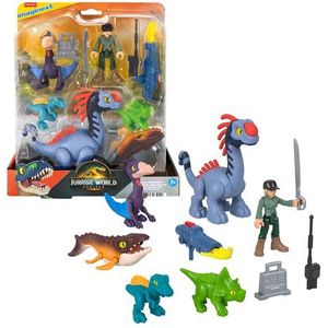 Fisher-Price Multipack dinosaurussen lucht, zee, aarde Imaginext uit de film Jurassic World: Renaissance, met 1 mens van 7 cm, 5 dinosaurussen, launcher en accessoires, JFR25