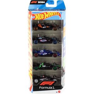 Hot Wheels 5-pack raceteam, set van 5 Formule 1-thema schaal 1:64 speelgoedauto's van gegoten metaal, JGF58