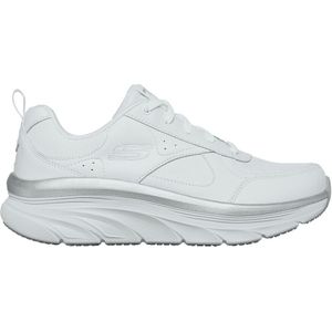 Skechers D'lux Walker tijdloze Path Sneaker voor dames, Witte lederen zilveren rand, 36 EU