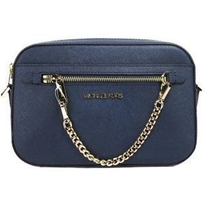 Michael Kors, Tassen, Dames, Blauw, ONE Size, Leer, Marineblauwe Leren Crossbody Tas met Ritssluiting en Ketting