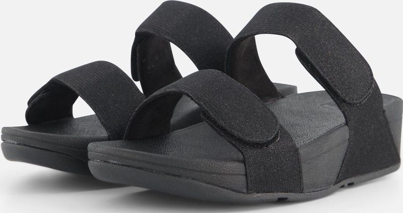 FitFlop - Lulu Adjustable Shimmerlux Slides - All Black - Immitatieleer - Met Verstelbare Bandjes