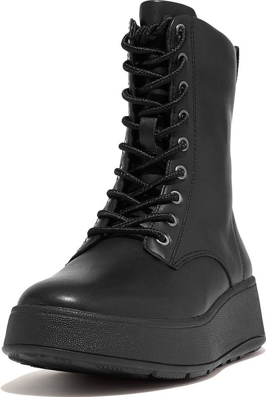FitFlop - F-Mode Leather Lace-Up Flatform Ankle Boots - Enkellaars - Zwart - Leer