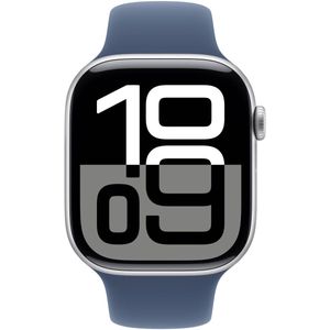 Apple Watch Series 10 (GPS 46 mm) Smartwatch mit Aluminiumgehäuse in Silber und Sportarmband in Denim (S/M). Fitnesstracker, EKG App, Always-On Retina Display, Wasserschutz