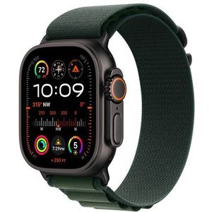 Apple Watch Ultra 2 (GPS + Cellular 49 mm) Smartwatch, sporthorloge - robuuste kast van zwart titanium - Donkergroen Alpine‑bandje (M). Conditie bijhouden, nauwkeurige gps, CO₂-neutraal