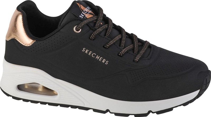 Skechers Uno - Shimmer Away Damessneakers, Black Durabuck Rose Gold Duraleather Trim, 41 EU