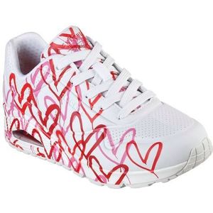 Skechers UNO Spread The Love Sneakers voor dames, Wit W Rood En Roze Hart Print Durabuck M, 39 EU