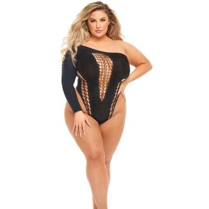 Pink Lipstick - Dollar Sign Bodysuit - Off-the-shoulder - Asymmetrisch - Bodystocking