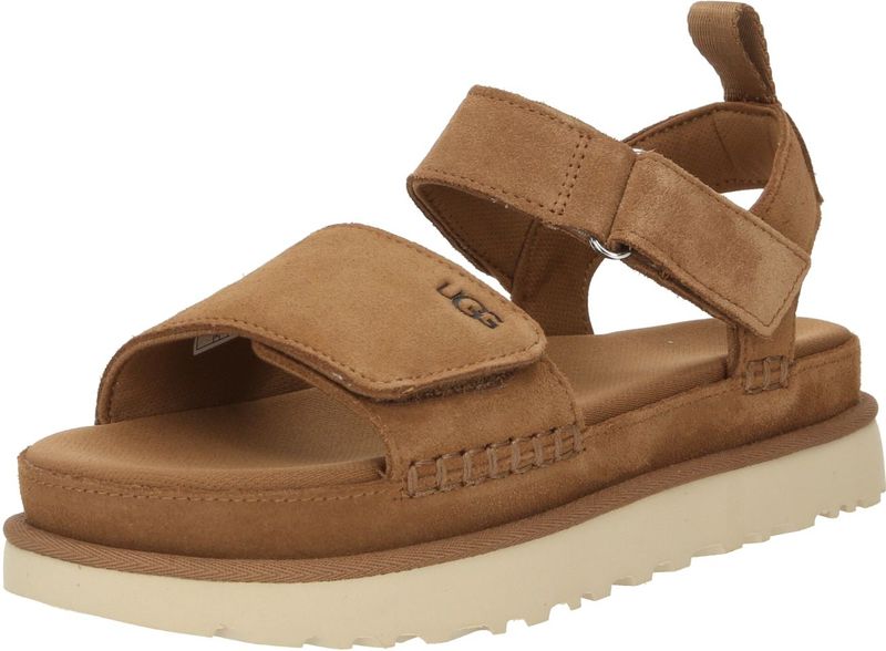 UGG Australia Goldenstar Damen nachhaltige Echtleder-Schuhe mit EVA-Sohle Plateau-Sandale Sandalette mit Klettverschluss 1136783 Braun