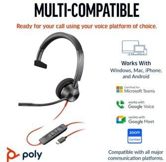 Poly Blackwire 3310 Monaural USB-C Headset +USB-C/A Adapter Bedraad Hoofdband Business/Everyday USB Type-C Zwart