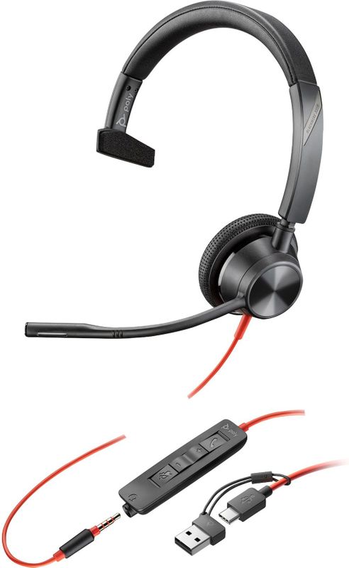 Poly Blackwire 3315 Monaural USB-C Headset +3.5mm Plug +USB-C/A Adapter Bedraad Hoofdband Kantoor/callcenter USB Type-C Zwart
