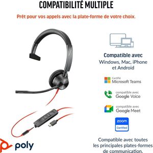 Poly Blackwire 3315 Monaural Microsoft Teams Certified USB-C Headset +3.5mm Plug +USB-C/A Adapter Bedraad Hoofdband Kantoor/callcenter USB Type-C Zwart