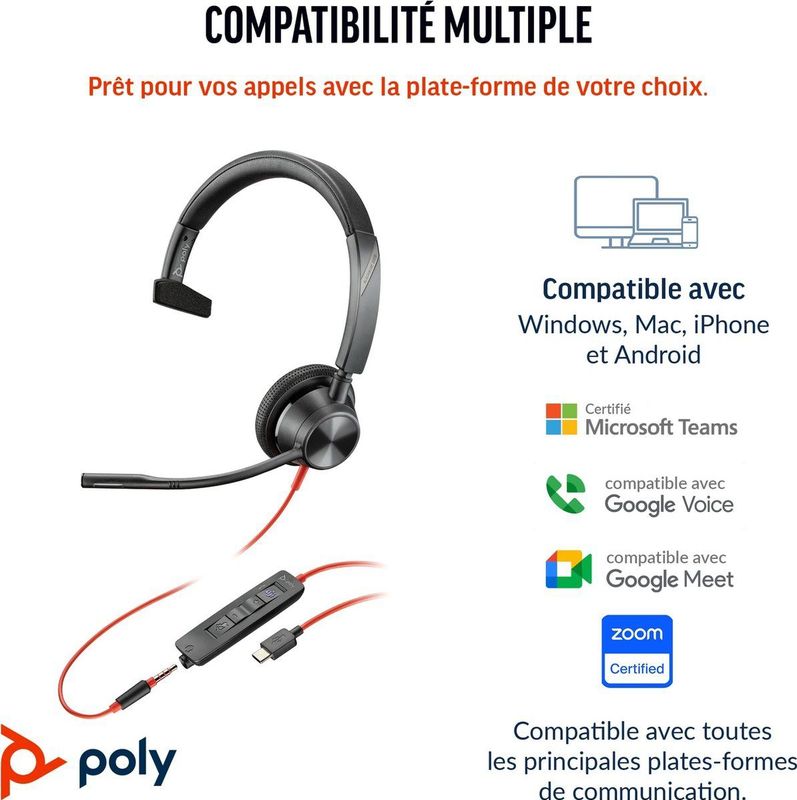 Poly Blackwire 3315 Monaural Microsoft Teams Certified USB-C Headset +3.5mm Plug +USB-C/A Adapter Bedraad Hoofdband Kantoor/callcenter USB Type-C Zwart