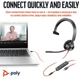 Poly Blackwire 3315 Monaural Microsoft Teams Certified USB-C Headset +3.5mm Plug +USB-C/A Adapter Bedraad Hoofdband Kantoor/callcenter USB Type-C Zwart
