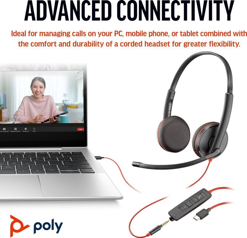 Poly Blackwire 3225 Stereo USB-C Headset +3.5mm Plug +USB-C/A Adapter Bedraad Hoofdband Kantoor/callcenter USB Type-C Zwart