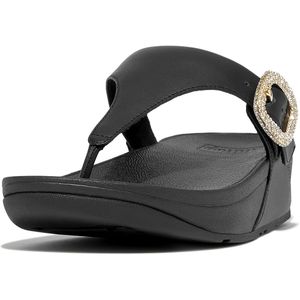 FitFlop Lulu Crystal-Buckle Leather Toe-Post Sandals ZWART