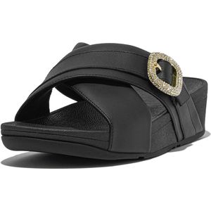 FitFlop Lulu Crystal-Buckle Leather Cross Slides ZWART