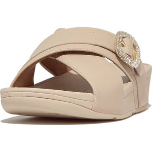 FitFlop Lulu Crystal-Buckle Leather Cross Slides BEIGE