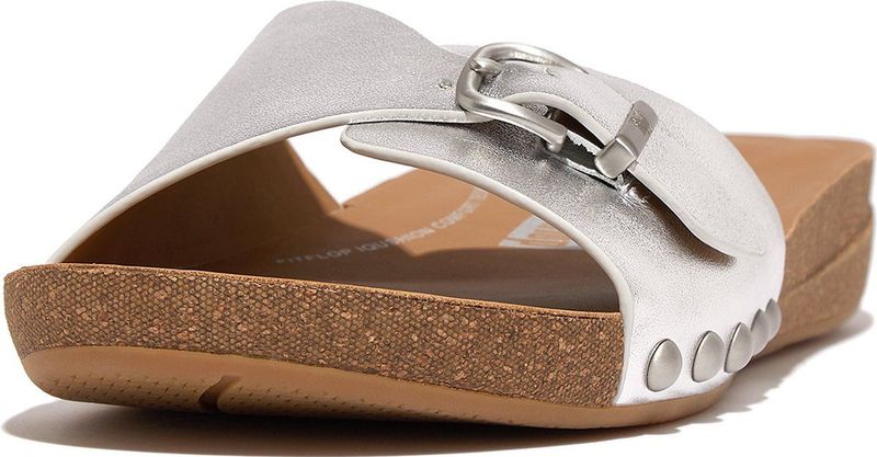 FitFlop Iqushion Adjustable Buckle Metallic-Leather Slides ZILVER