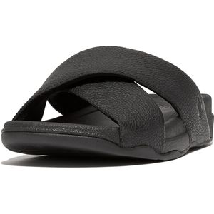FitFlop Surfer Mens Tumbled-Leather Cross Slides ZWART