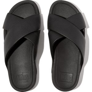 FitFlop Surfer Mens Tumbled-Leather Cross Slides ZWART