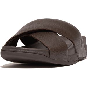 FitFlop Men Surfer Mens Tumbled-Leather Cross Slides Chocolate Brown-Schoenmaat 42