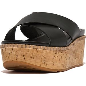 Fitflop Eloise Leather cork Wedge Cross Slippers Zwart Vrouw