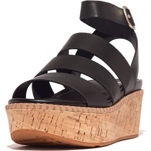 FitFlop Eloise Leather/Cork Strappy Wedge Sandals ZWART - Maat 37