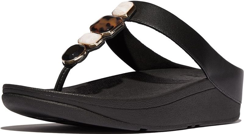 Fitflop - Model - Teenslippers - Zwart - Leren, Microfiber Voering, Microwobbleboard Tussenzool