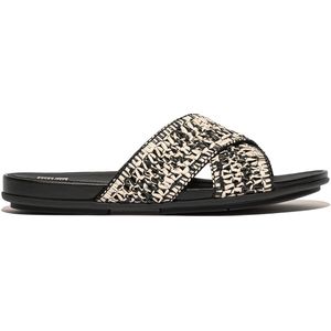 FitFlop - Gracie Woven Cross Slides - Slipper - Black/Ivory Mix - Faux Raffia, Leer, Dynamicush Demping
