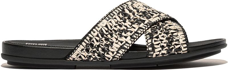 FitFlop - Gracie Woven Cross Slides - Slipper - Black/Ivory Mix - Faux Raffia, Leer, Dynamicush Demping