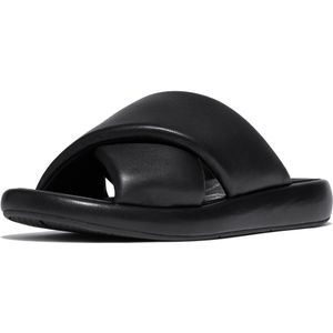 FitFlop - iQushion D-Luxe Padded Leather Cross Slides - Badslippers - All Black - Leer