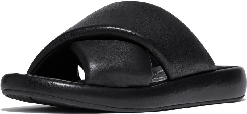 FitFlop - iQushion D-Luxe Padded Leather Cross Slides - Badslippers - All Black - Leer