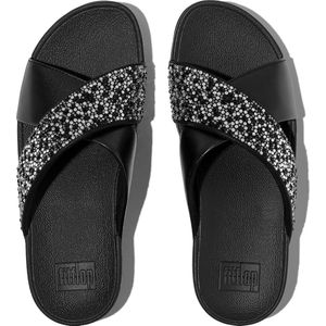 FitFlop Women Lulu Crystal-Mix Metallic Cross Slides All Black-Schoenmaat 42