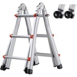 Telescopic ladder 3.2m SOFT CLOSE high extendable stepladder 11 tread compact design foldable stabilizer bar and wall stand offs aluminum 150kg capacity silver/black EN131-6