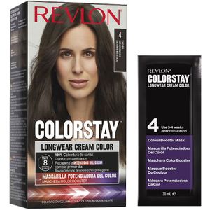 Revlon, ColorStay, Permanente haarkleuring, Langhoudende crème, 100% grijsdekking, Tot 8 weken kleur, Macadamia-olie en Murumuru-boter, N°4 Dark Brown