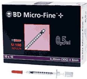 Microfine Insulinespuit 0,5ml U100 + naald 0,30mm (30G) x 8mm