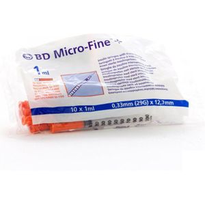 BD Microfine+ Insulinespuit 1 ml met naald 0,33mm x 12,7 mm - 10 stuks - injectiespuit met naald - 29G