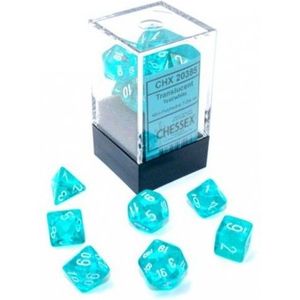 Mini Dobbelstenen Translucent Teal/White Polydice (7 stuks)