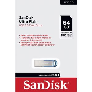 SanDisk - Ultra Flair - USB 3.0 Flash Drive - 64 GB - Blauw - Metalen Behuizing