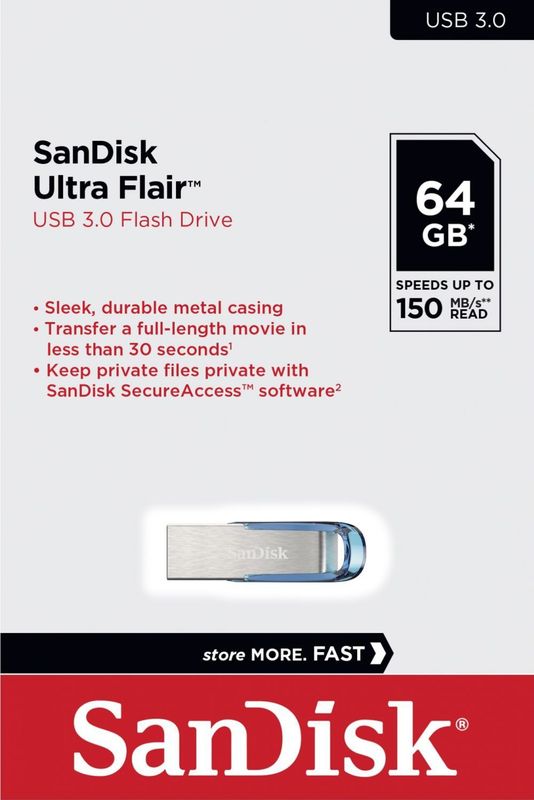 SanDisk - Ultra Flair - USB 3.0 Flash Drive - 64 GB - Blauw - Metalen Behuizing
