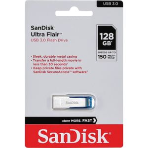 SanDisk Ultra Flair USB 3.0 Flash Drive 128 GB (Robuuste En Stijlvolle Metalen Behuizing, Wachtwoordbeveiliging, 150 MB/s Lezen) Blauw