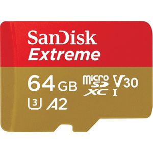 SanDisk Extreme 64 GB microSDXC Memory Card + SD Adapter with A2 App Performance + Rescue Pro Deluxe, Up to 160 MB/s, Class 10, UHS-I, U3, V30, Red/Gold