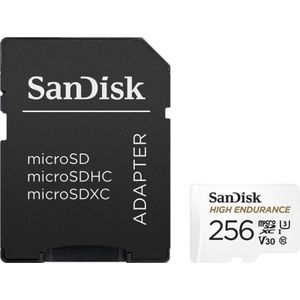 SanDisk High Endurance 256 GB microSDHC-kaart SD-adapter - voor thuis- of dashcam-videobewaking - tot 100 MB/s lezen en 40 MB/s schrijven, klasse 10, U3, V30