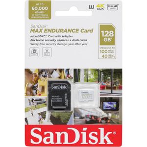 SanDisk Max Endurance 128 GB microSDHC-kaart SD-adapter – voor huisvideobewaking of dashcam – 60.000 uur opnametijd