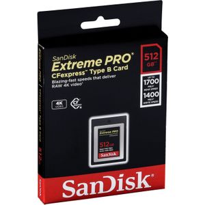 SanDisk Extreme PRO CFexpress Compactflash kaart type B, 512 GB, tot 1700 MB/s, video's opnemen in 4K RAW