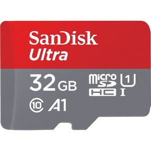 SanDisk Ultra 32 GB microSDHC geheugenkaart + SD-adapter. Leessnelheid tot 120 MB/s, klasse 10, UHS-I, A1-gecertificeerd
