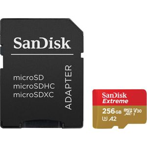 SanDisk Extreme MicroSDXC UHS-I Geheugenkaart 256 GB Met SD Adapter (1 Jaar RescuePRO Deluxe, Leessnelheden Tot 190 MB/s, A2, C10, V30, U3, 30 Jaar Garantie) Rood/Goud