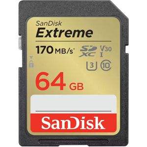 SanDisk Extreme 64 GB SDXC UHS‐I‐Kaart (RescuePRO Deluxe Software, Leessnelheden Tot 170 MB/s, 4K UHD, Class 10, UHS-I, U3, V30, 30 Jaar Garantie) Goud