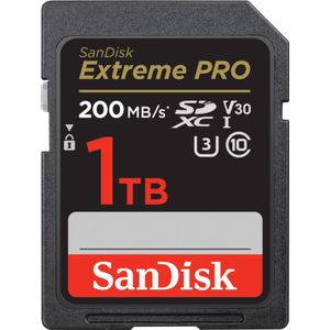 SanDisk Extreme PRO SDXC UHS‐I‐Kaart 1 TB (4K UHD, Leessnelheden Tot 200 MB/s, Class 10, UHS-I, U3, V30, 2 Jaar RescruePRO Deluxe Software, Levenslange Beperkte Garantie) Zwart